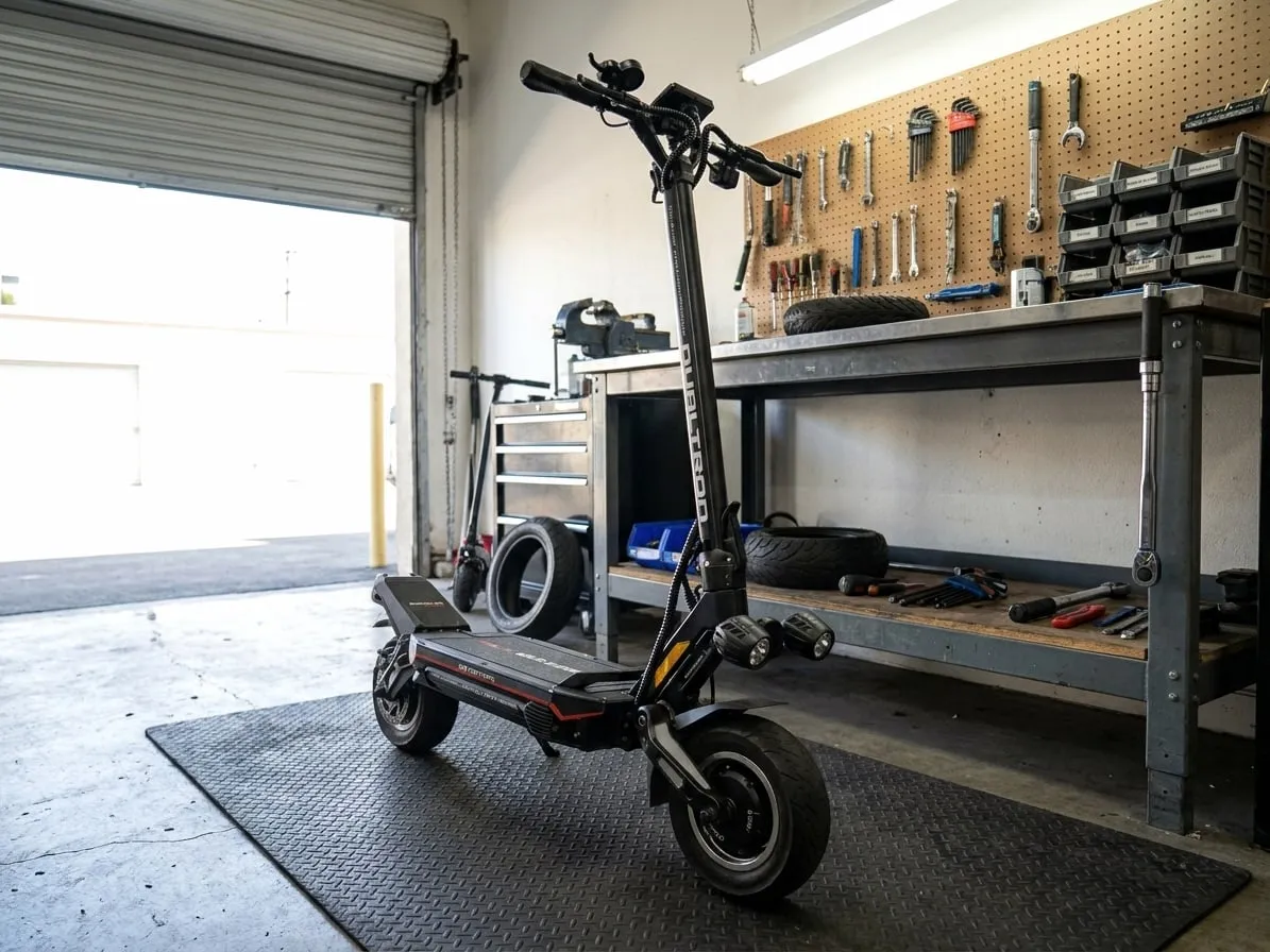 Dual-motor Dualtron-style electric scooter standing on its kickstand in a repair workshop