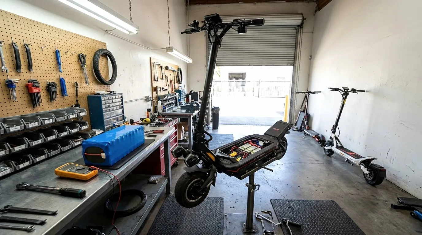 Premium dual-motor electric scooter on a workshop repair stand with its deck open, a removed battery pack and a multimeter on the bench